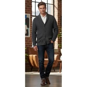 J Ferrar Men's Cardigan Sweater Size XL Gray Shawl Collar Cable Knit Grandpacore